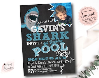 Shark Attack Birthday Printable Invitation - Shark Birthday Party Invitation, Shark Party, Photo, Pool Party, Shark Pool Party, Shark Invite