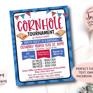 Cornhole Tournament Fundraiser Flyer, Editable Cornhole Template, Sports Fundraiser, pto pta Church School Charity, Corn Hole Invitation
