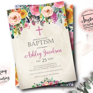 Floral Baptism Invitation. Flower Baptism Invitation, Great for any Baptism, Christening, Dedication, First Communion. Girl Baptism - sfc