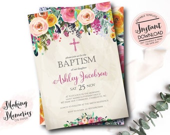 Floral Baptism Invitation. Flower Baptism Invitation, Great for any Baptism, Christening, Dedication, First Communion. Girl Baptism - sfc