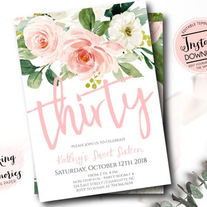 Pink Floral invitation, 30th birthday, 40th, first, birthday invite, adult, sweet sixteen, edit yourself instant download Template et3