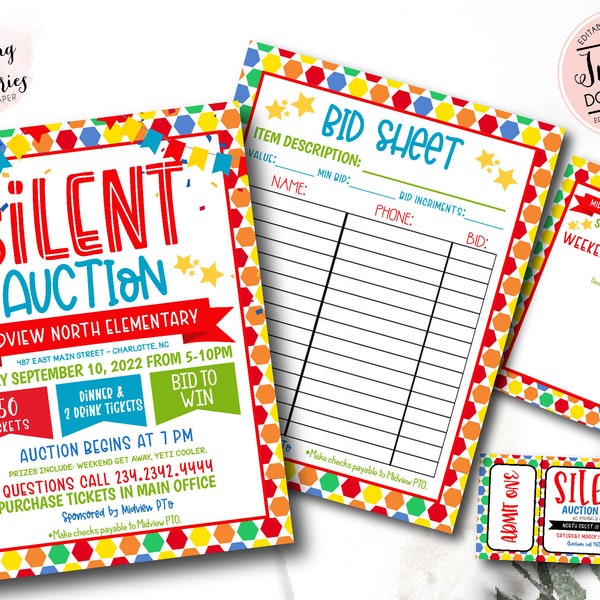 Silent Auction Flyer, Silent Auction Event Fundraiser, PTO fundraiser Flyer, Auction Bid Sheet, Auction Ticket, Editable Auction fundraiser