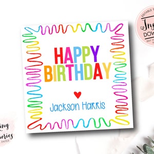 Cartões personalizados de feliz aniversário, etiquetas de presente personalizadas, etiquetas de presente coloridas do arco-íris, cartão de feliz aniversário imprimível brilhante