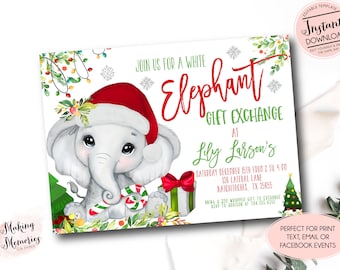 May include: A Christmas-themed invitation with a cute elephant wearing a Santa hat, holding a candy cane, and surrounded by festive decorations. The invitation text reads "Join us for a White Elephant Gift Exchange".