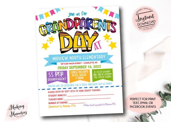 Grandparent Day Flyer, School Grandparents day event, Grandparents day lunch, PTo pta school church fundraiser, grandparents day invite