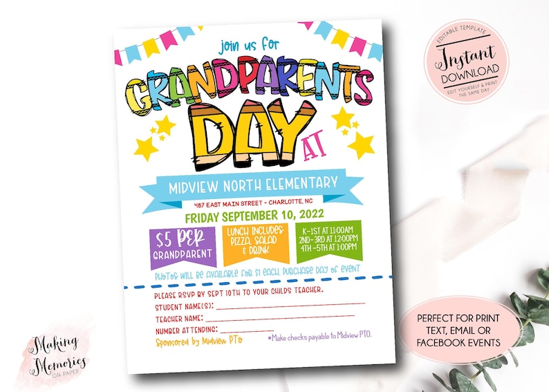 Pu&ograve; includere: Un invito stampabile colorato per il Giorno dei Nonni alla Midview North Elementary School. L'invito include la data, l'ora e il luogo dell'evento, nonch&eacute; informazioni sul costo e su cosa &egrave; incluso. L'invito include anche uno spazio per le informazioni RSVP.