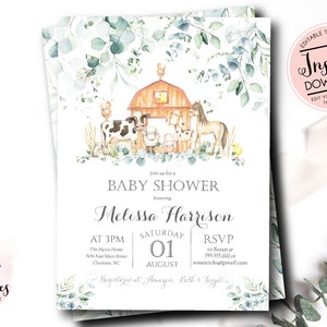 Farm Baby Shower Invitation, boy farm invitation, girl farm invite, baby farm animals shower invite, Edit yourself Instant Download