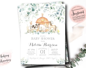 Farm Baby Shower Invitation, boy farm invitation, girl farm invite, baby farm animals shower invite, Edit yourself Instant Download