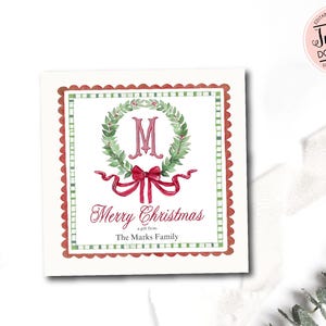 Personalized Wreath Christmas, bow Gift Tags, Monogram Holiday Gift Tag, Christmas Labels,  Watercolor Hang Tag Grandmillenial, A gift from
