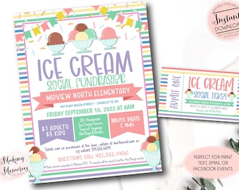 Folleto de recaudación de fondos para fiestas sociales de helados, fiesta escolar de helados, iglesia de la PTO, folleto de helados, invitación editable para fiestas de helados
