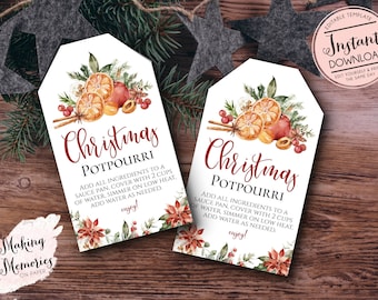 May include: Two white Christmas potpourri tags with watercolor illustrations of oranges, cinnamon sticks, and berries. The tags have the text "Christmas Potpourri" and instructions. The words "Instant Download" are also visible.