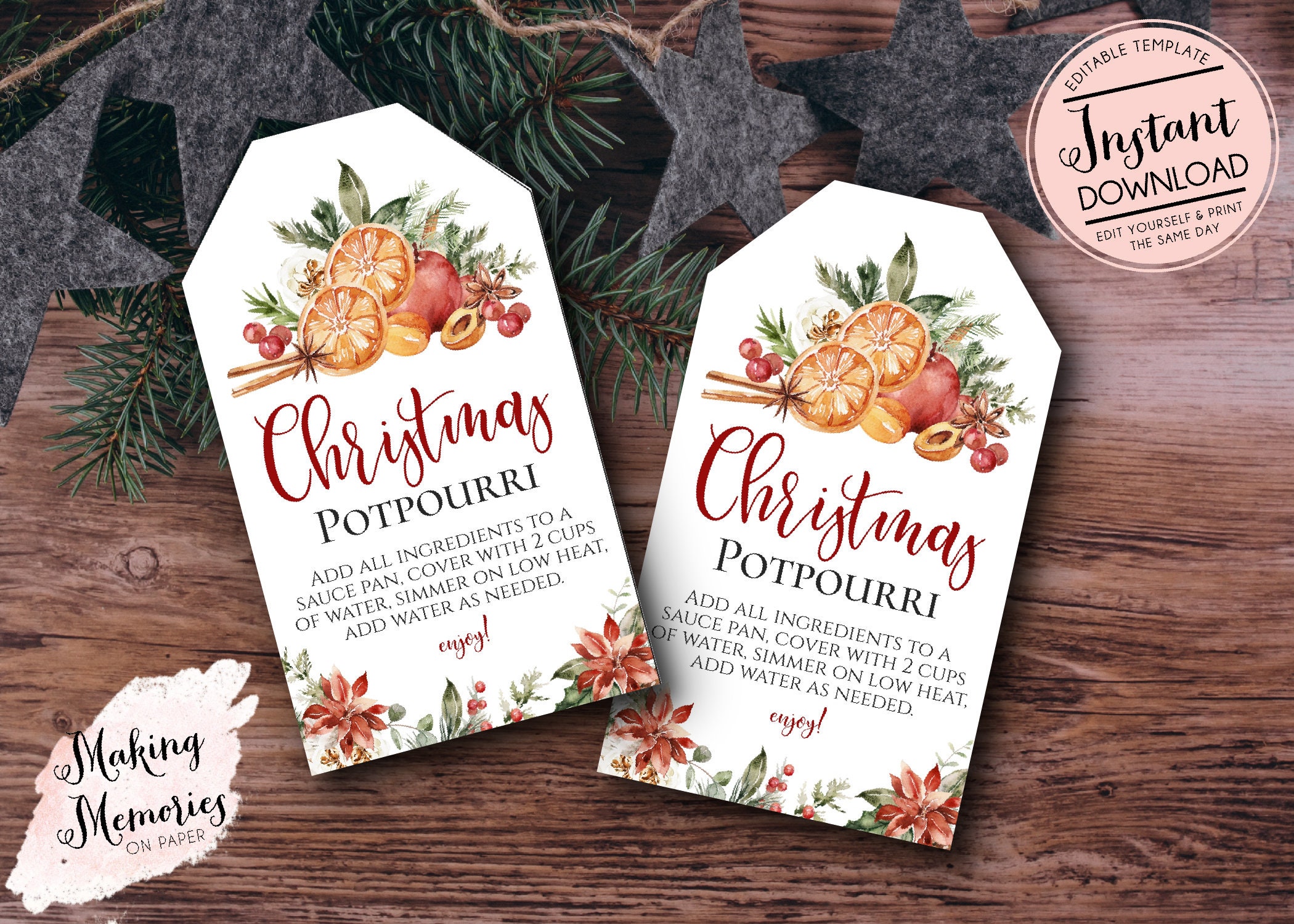 Editable Stovetop Potpourri Christmas Gift Tag, Teacher Gift, Neighbor  Gift, ALL Text is Editable, INSTANT DOWNLOAD, Printable, Goodie Bag 