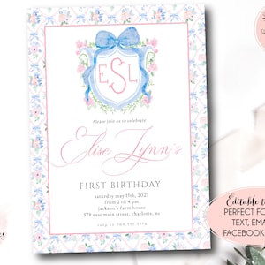 May include: A printable first birthday invitation with a watercolour design featuring a blue and pink floral pattern. The invitation includes the text "Elise Lynn's First Birthday" and the date "Saturday May 15th, 2023".