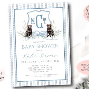 Dog baby shower invitation, Baby Boy Shower Invitation, Southern Dog invitation, Labrador Preppy Crest, Blue Crest, Puppy crest, Black Lab