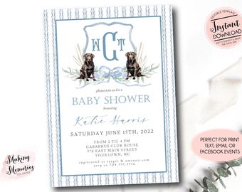 May include: Blue and white baby shower invitation with a monogram of "WCT" and two brown labrador retrievers. The invitation includes the text "Please join us for a Baby Shower honoring Katie Harris, Saturday June 15th, 2022, from 2 til 4 pm, Cabarrus Club House, 578 East Main Street, Yourtown, NC, registered at target & amazon.com, rsvp to 704.555.5556".