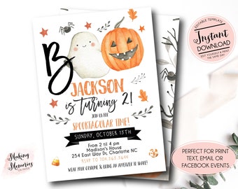 May include: Halloween-themed invitation with a watercolor ghost and jack-o'-lantern. The invitation reads "Jackson is turning 2!" and includes event details. The design features orange stars, leaves, and a spider, with the text "Spooktacular Time!"