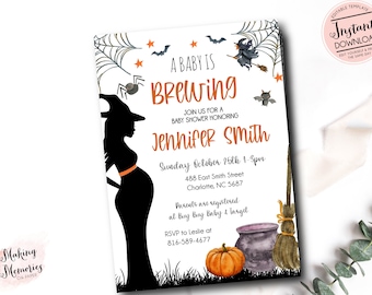 May include: Halloween-themed baby shower invitation with a witch silhouette, pumpkins, and bats. The text reads "A Baby is Brewing" and includes the honoree's name, date, time, and location.