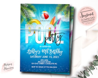 Pool Party Invitation, Adult Pool Party Invitation, Kids Pool Birthday Invite, Summer Birthday, Pool Invite, INSTANT download, Template