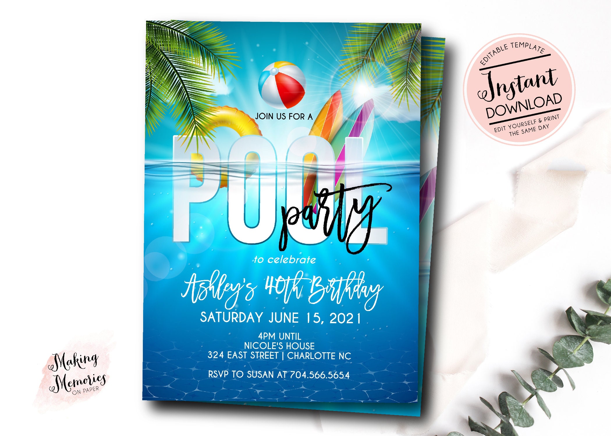 Pool Party Invitation Adult Pool Party Invitation Kids Pool Etsy