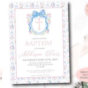 crest baptism invitation, First Communion Invitation, Christening Invitation, Monogram Watercolor Crest, bow Preppy baptism invite