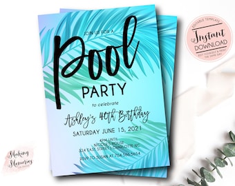 Pool Party Invitation, Adult Pool Party Invitation, Kids Pool Birthday Invite, Summer Birthday, Pool Invite, INSTANT download, Template