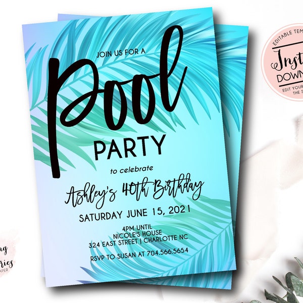 Pool Party Invitation, Adult Pool Party Invitation, Kids Pool Birthday Invite, Summer Birthday, Pool Invite, INSTANT download, Template