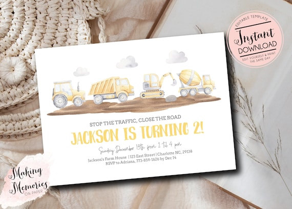Construction Birthday Invitation template, Construction Invite, Construction Birthday Party, boy birthday invite, instant download, editable