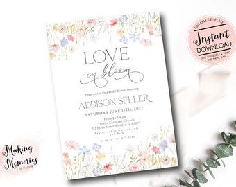 love in bloom bridal shower invitation, Wildflower Bridal Shower Invitation, Floral Shower Invite, pink wildflower Editable Template