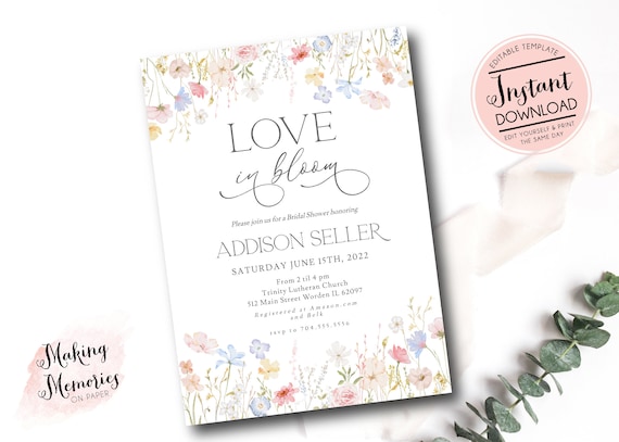 love in bloom bridal shower invitation, Wildflower Bridal Shower Invitation, Floral Shower Invite, pink wildflower Editable Template
