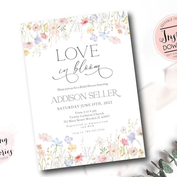 love in bloom bridal shower invitation, Wildflower Bridal Shower Invitation, Floral Shower Invite, pink wildflower Editable Template