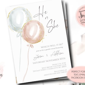 Gender Reveal invitation, Vintage Gender Reveal invitation, he or She Invite,  Balloon Gender Reveal Invitation, Boy or Girl, edit yourself
