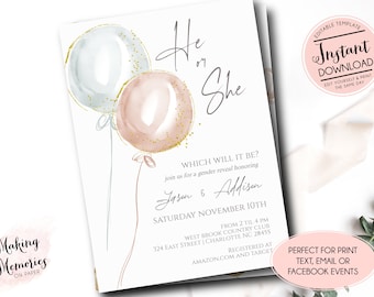 Gender Reveal invitation, Vintage Gender Reveal invitation, he or She Invite,  Balloon Gender Reveal Invitation, Boy or Girl, edit yourself