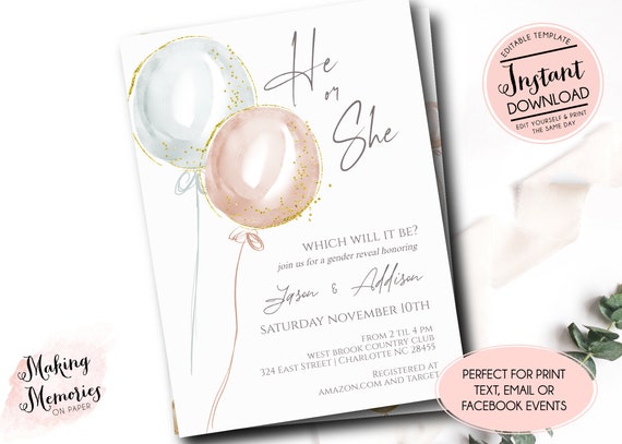 Gender Reveal invitation, Vintage Gender Reveal invitation, he or She Invite,  Balloon Gender Reveal Invitation, Boy or Girl, edit yourself