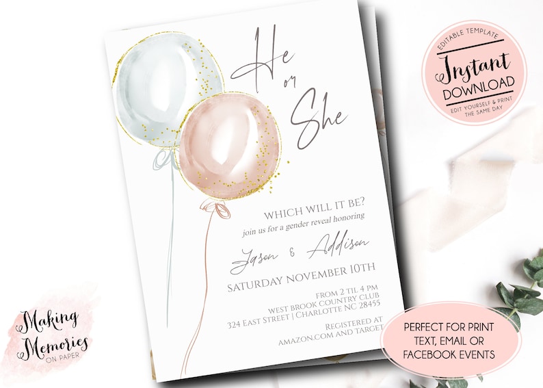 Gender Reveal invitation, Vintage Gender Reveal invitation, he or She Invite, Balloon Gender Reveal Invitation, Boy or Girl, edit yourself image 1