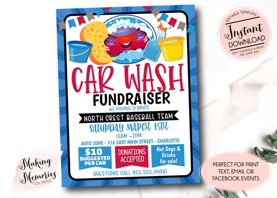 Car Wash Fundraiser Flyer, Editable Car Wash Template, pto church School Charity Sports Fundraiser, Car Wash Advertisement, Car Wash Invite