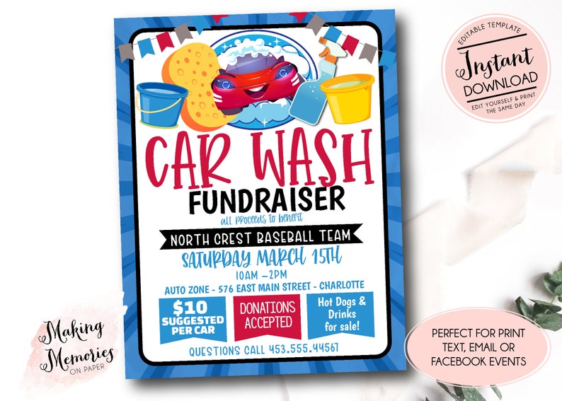 May include: A blue and white printable flyer for a car wash fundraiser to benefit the North Crest Baseball Team. The flyer features a cartoon car with a happy face and a sponge. The event will be held on Saturday, March 15th from 10am to 2pm at 576 East Main Street in Charlotte. Donations are accepted and hot dogs and drinks will be available for sale.