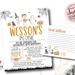 Halloween Time Capsule - Halloween First Birthday Time Capsule, Halloween Advice Cards, Halloween Time Cap Sign and cards