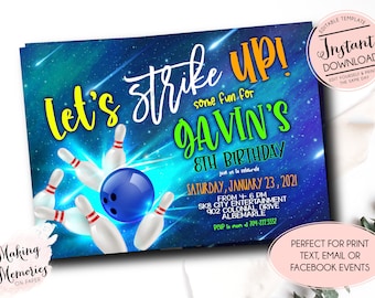 May include: Birthday party invitation with a bowling theme, set against a blue and green galaxy backdrop. The invitation reads "Let's Strike Up!" and provides details for Gavin's 8th birthday, including date, time, and venue.