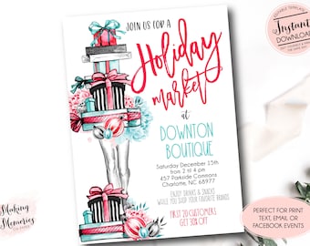 May include: A white invitation with a pink and blue illustration of stacked presents. The text reads "Join us for a Holiday Market at Downton Boutique" with the date, time, and location.