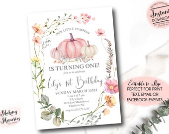 May include: A watercolor-style birthday invitation featuring pink pumpkins and floral accents. The text reads "Our Little Pumpkin is Turning One!" with details for Lily's 1st Birthday, including date, time, and location.