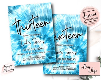 teen birthday invitation, Editable teen birthday invite, Tie dye birthday invitation, any age boy birthday invite, Instant Download