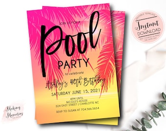 Pool Party Invitation, Adult Pool Party Invitation, Kids Pool Birthday Invite, Tropical Summer Birthday, Pool Invite, INSTANT download