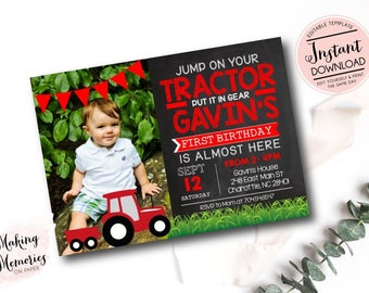May include: A birthday invitation with a photo of a baby boy, a red tractor illustration, and the text "Jump on your tractor, Gavin's first birthday is almost here." The invitation includes event details, such as the date and time.