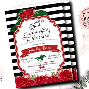 Kentucky Derby Party Invitation, Run for the Roses Invitation, Horse Race Invitations, Derby Hat, We are off, red and green, red roses