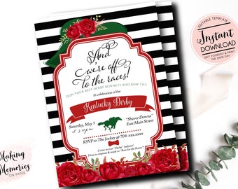 Kentucky Derby Party Invitation, Run for the Roses Invitation, Horse Race Invitations, Derby Hat, We are off, red and green, red roses