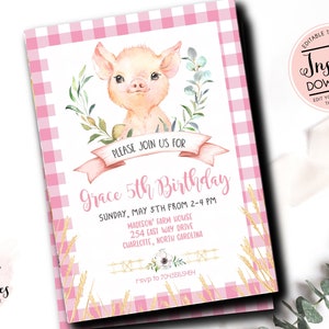 Pig Birthday Party Invitation, pig birthday invitation, Girl Farm Theme invitation, Editable Template,  Girl Birthday Invitation, Farm Theme