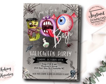 May include: A Halloween party invitation template featuring a gray background with spiderwebs, a green monster, a purple creature, and a red-veined eyeball with wings. Text includes "join us for a BOO Bash", "HALLOWEEN PARTY", and event details.