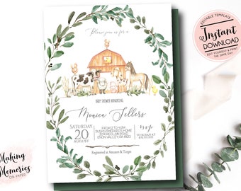 Farm Baby Shower Invitation, boy farm invitation, girl farm invite, baby animals baby shower invite, Edit yourself Template Instant Download