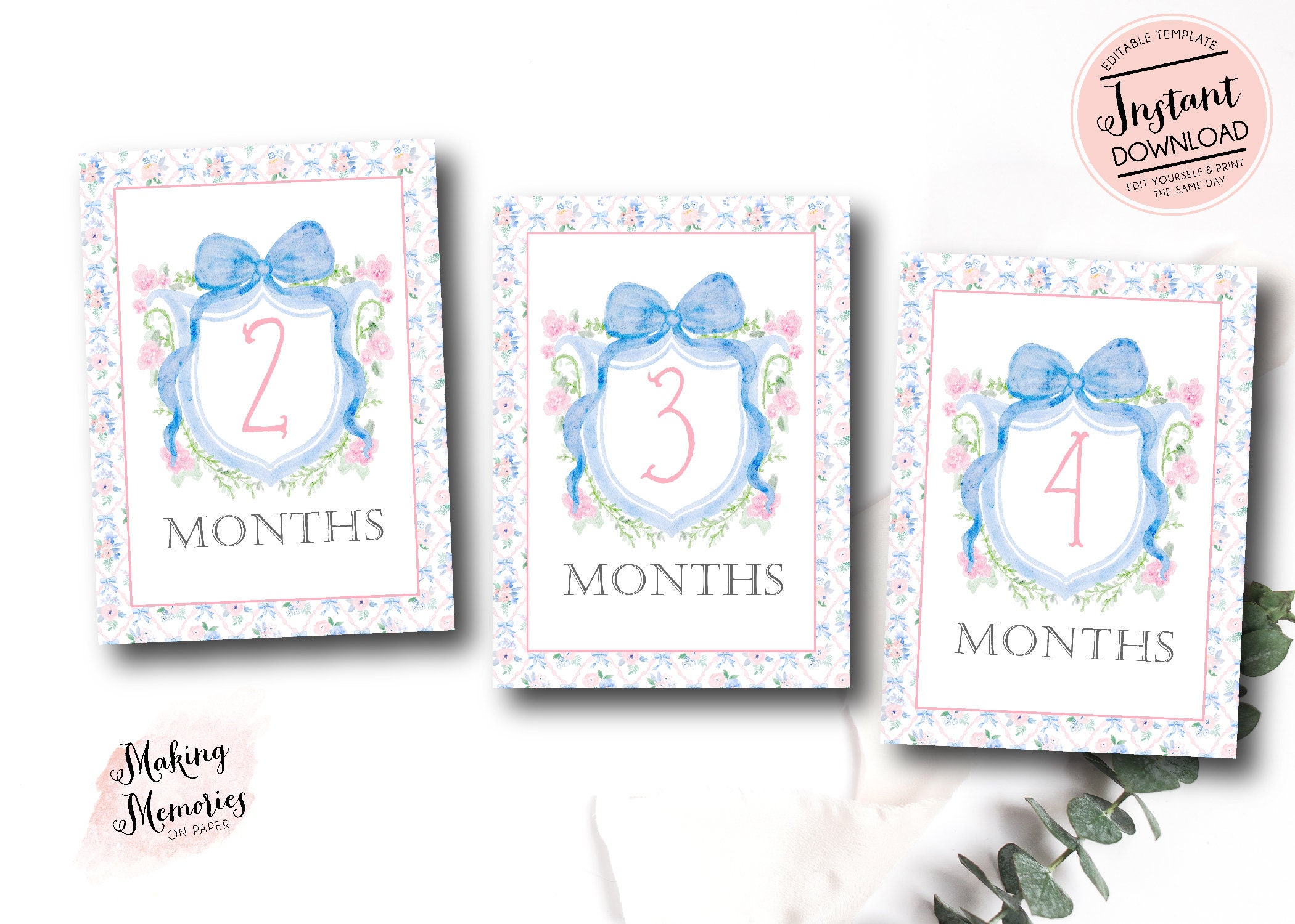 Girl Monthly Milestone Cards, Baby Girl Watercolor Crest Monthly ...