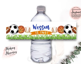 Editable All-star Sports Water Bottle Labels, Sports birthday water labels, Sports Birthday drink labels, football, baseball, basketball